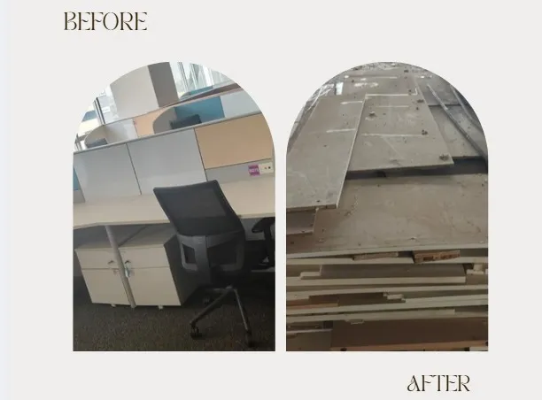 Before and after comparison of an office dismantling service in HSR Layout showing a fully cleared corporate workspace